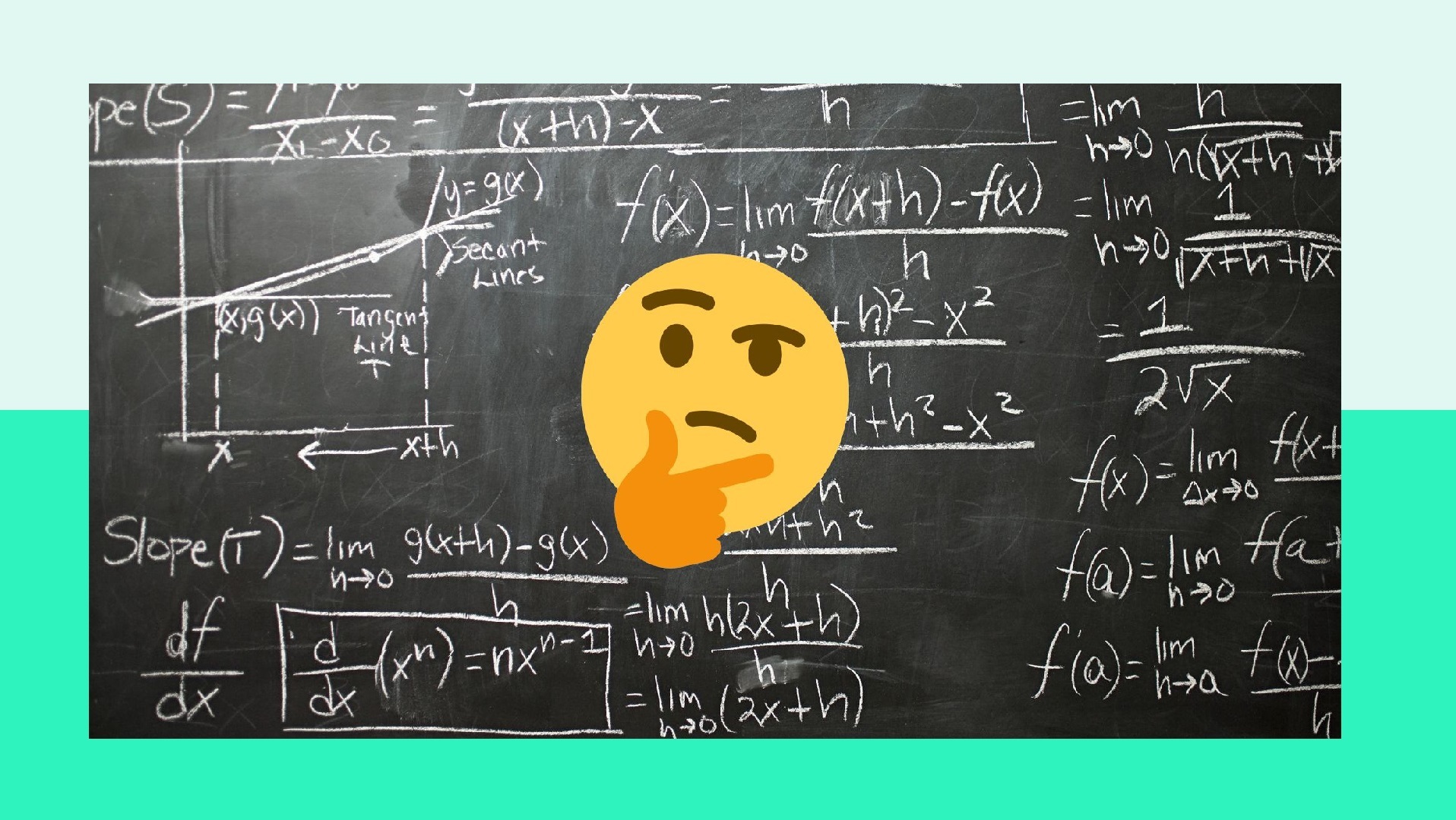 A blackboard with lots of complex equations on it and an emoji face looking confused